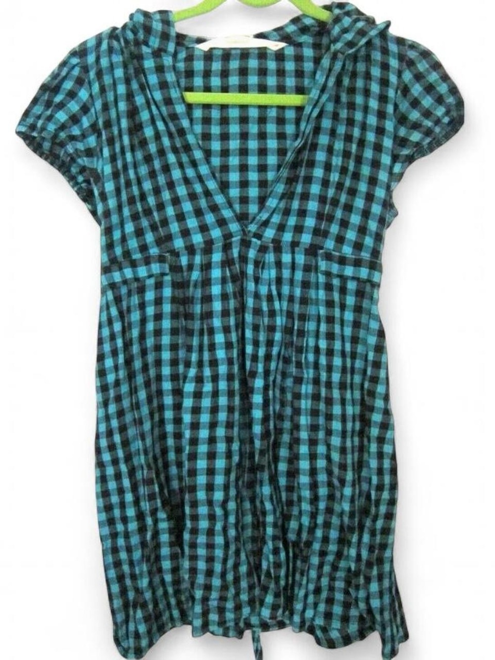 Y2K Vintage Earth Rocks Gingham Plaid Belted Hooded Tunic Cap Sleeve Shirt